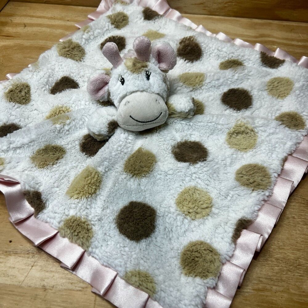 Maison Chic Baby Giraffe Lovey Security Blanket Pink Satin Trim Rattle Plush Dot